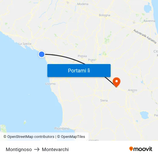 Montignoso to Montevarchi map