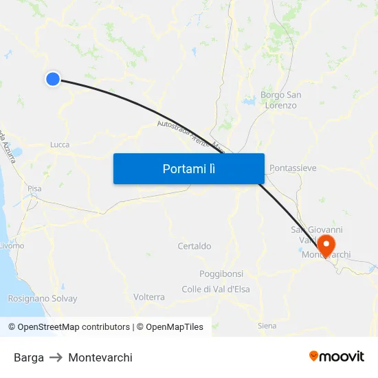 Barga to Montevarchi map