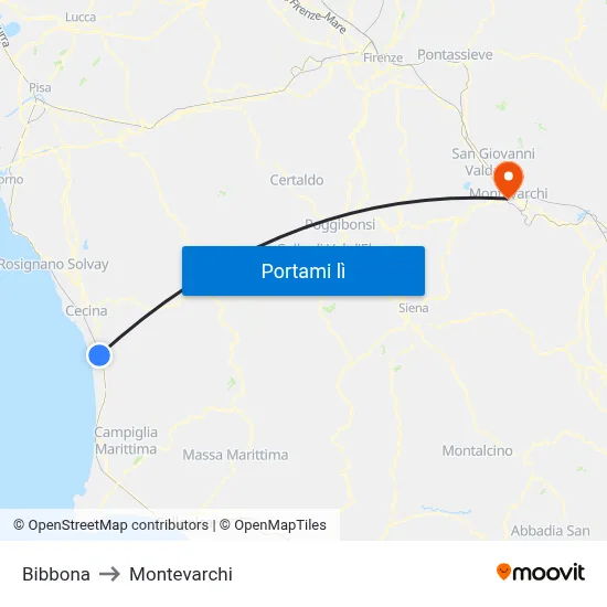 Bibbona to Montevarchi map
