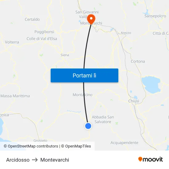 Arcidosso to Montevarchi map