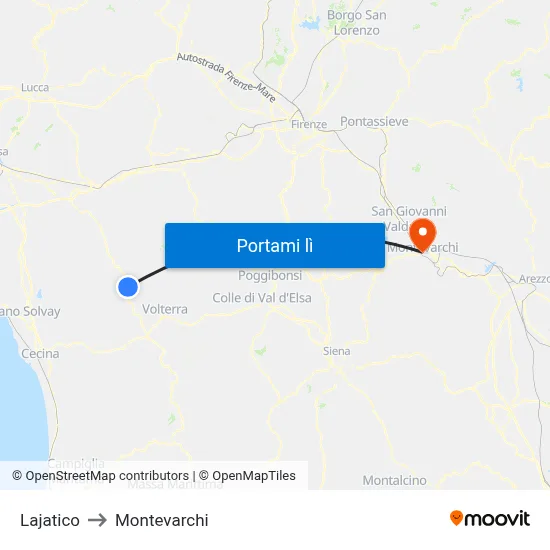 Lajatico to Montevarchi map