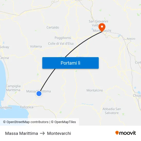 Massa Marittima to Montevarchi map
