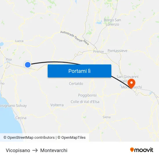 Vicopisano to Montevarchi map