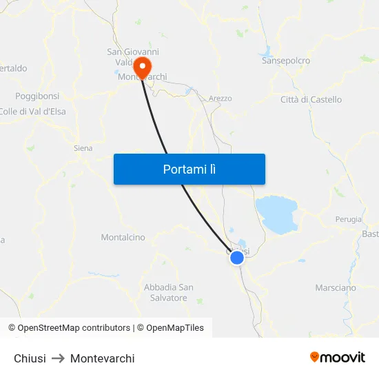 Chiusi to Montevarchi map