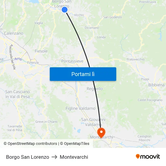 Borgo San Lorenzo to Montevarchi map