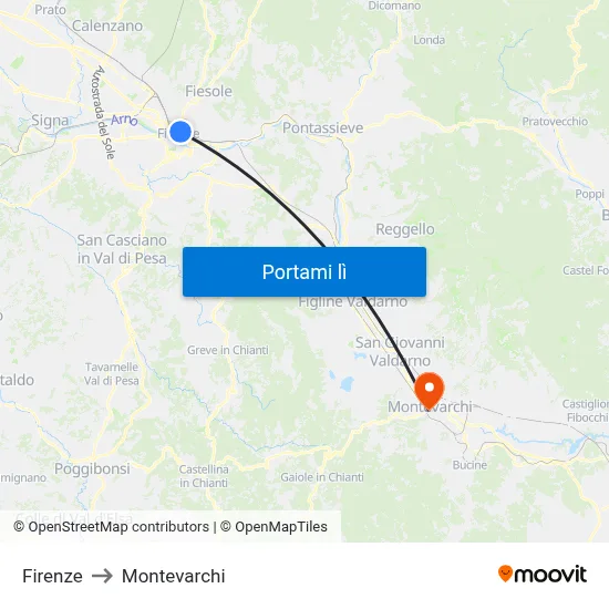 Firenze to Montevarchi map