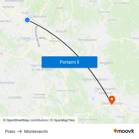Prato to Montevarchi map