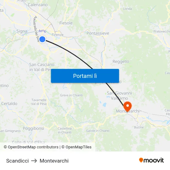 Scandicci to Montevarchi map