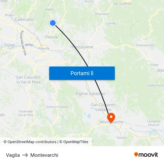 Vaglia to Montevarchi map