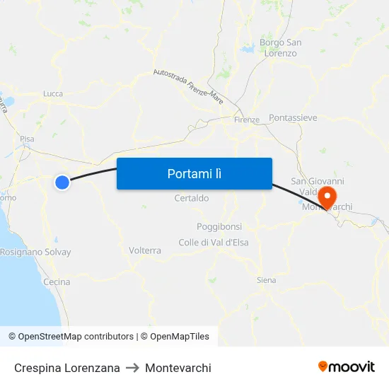 Crespina Lorenzana to Montevarchi map