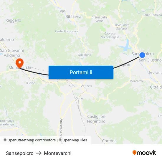 Sansepolcro to Montevarchi map