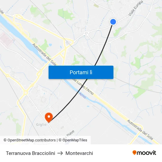 Terranuova Bracciolini to Montevarchi map