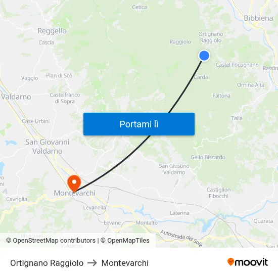 Ortignano Raggiolo to Montevarchi map