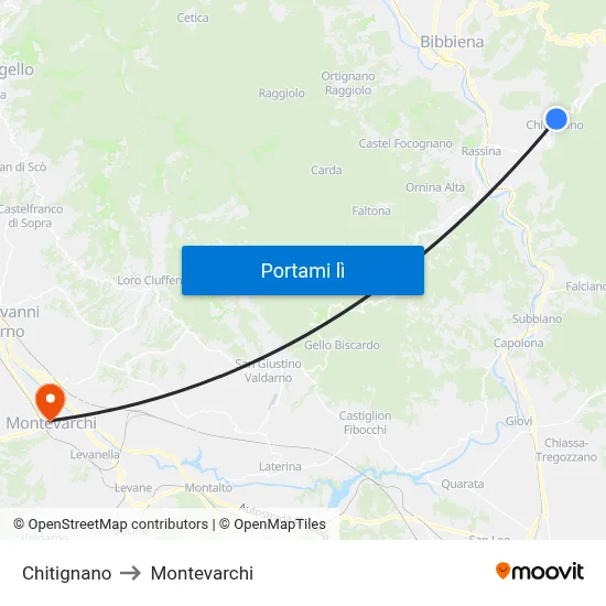 Chitignano to Montevarchi map