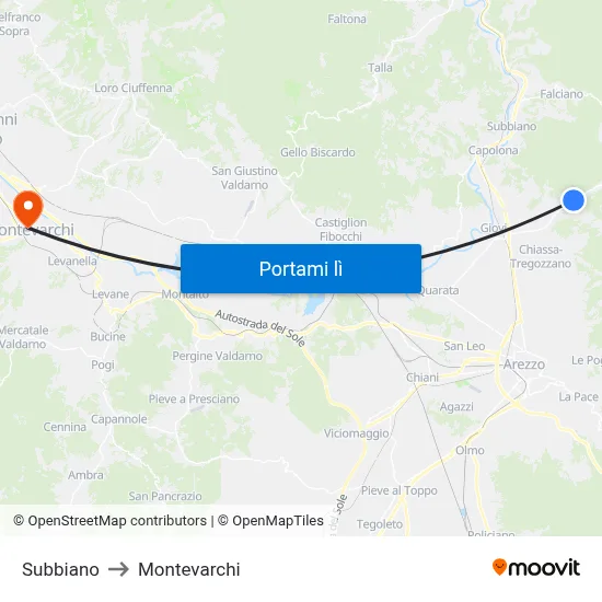 Subbiano to Montevarchi map
