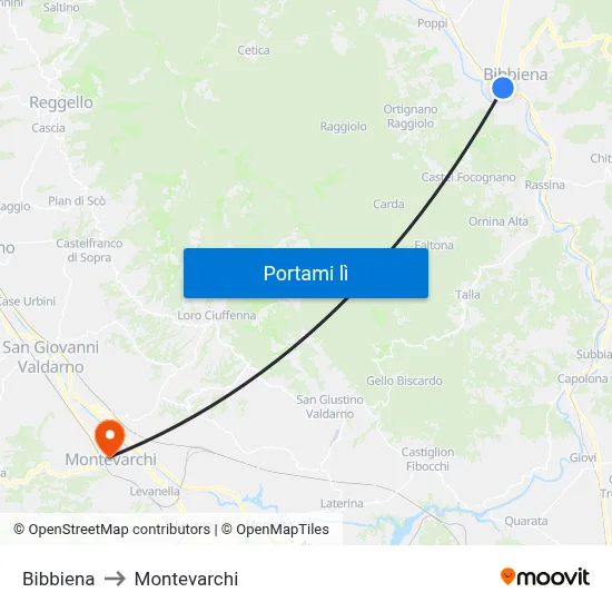 Bibbiena to Montevarchi map