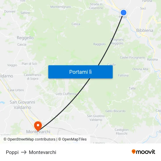 Poppi to Montevarchi map