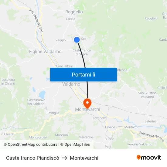 Castelfranco Piandiscò to Montevarchi map