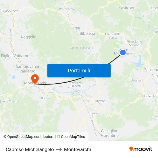 Caprese Michelangelo to Montevarchi map