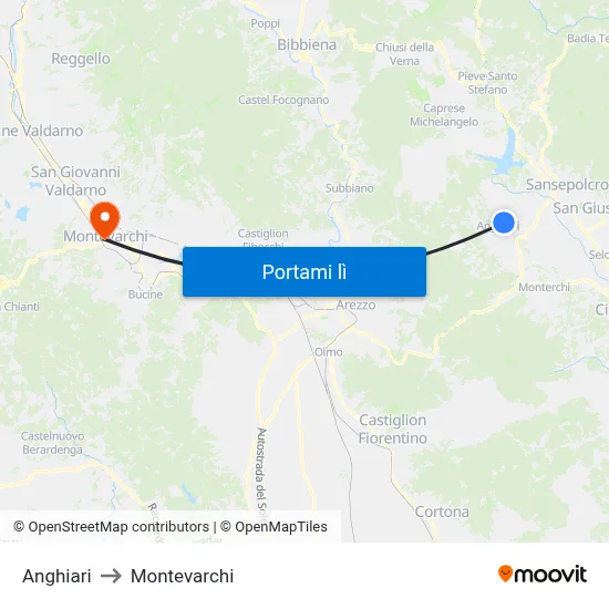 Anghiari to Montevarchi map