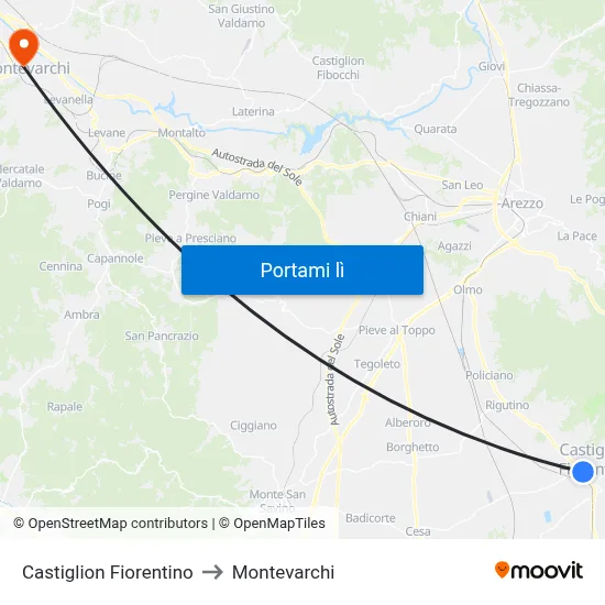 Castiglion Fiorentino to Montevarchi map