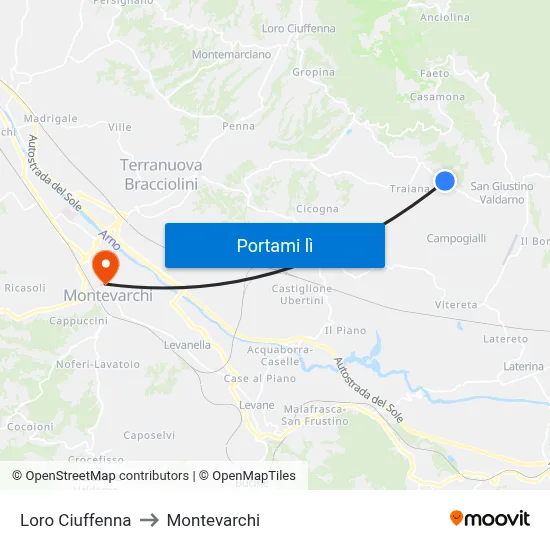 Loro Ciuffenna to Montevarchi map