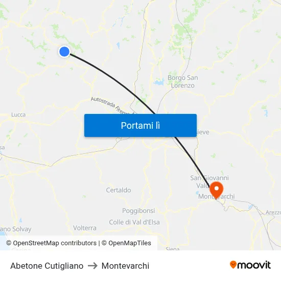 Abetone Cutigliano to Montevarchi map