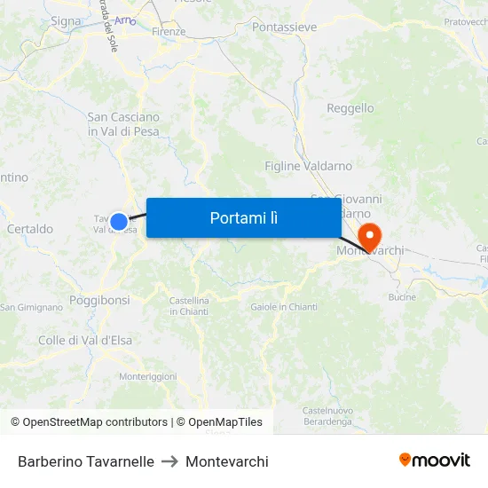 Barberino Tavarnelle to Montevarchi map
