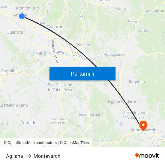 Agliana to Montevarchi map
