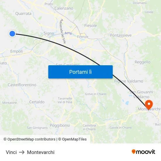 Vinci to Montevarchi map