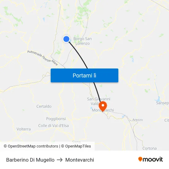 Barberino Di Mugello to Montevarchi map