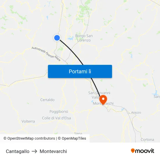 Cantagallo to Montevarchi map