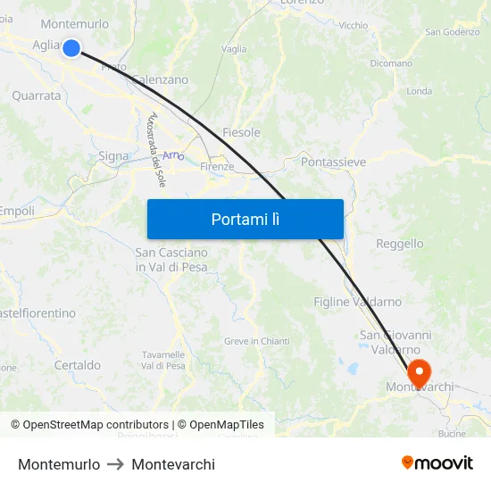Montemurlo to Montevarchi map
