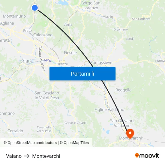 Vaiano to Montevarchi map
