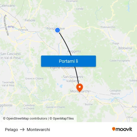 Pelago to Montevarchi map