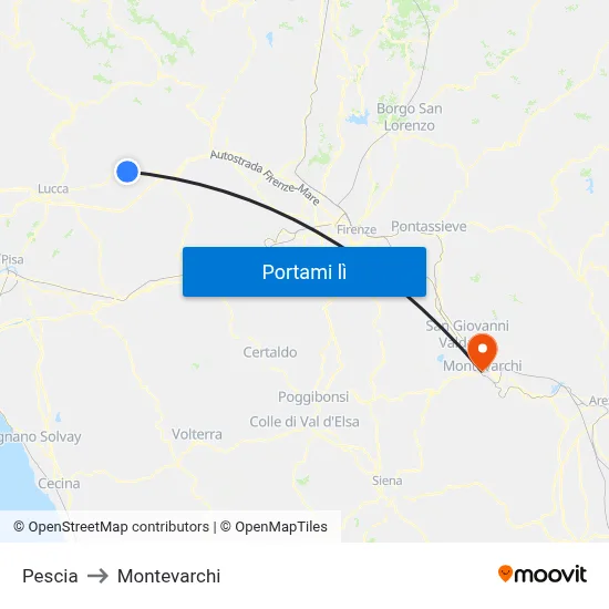 Pescia to Montevarchi map