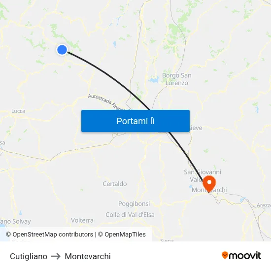 Cutigliano to Montevarchi map