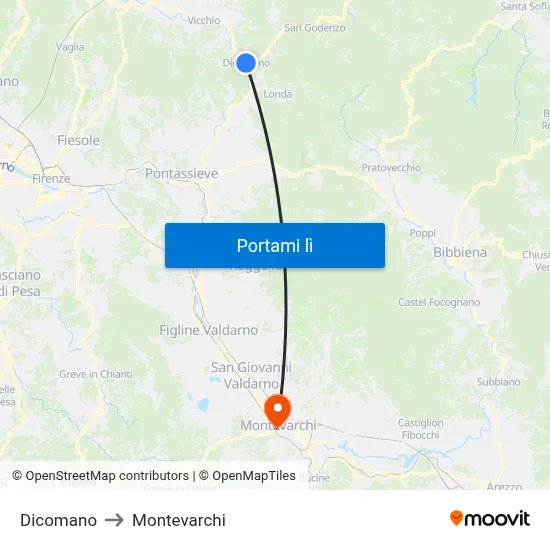 Dicomano to Montevarchi map