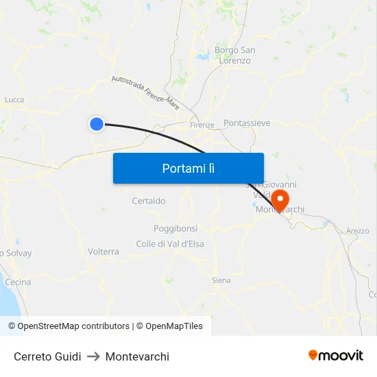 Cerreto Guidi to Montevarchi map