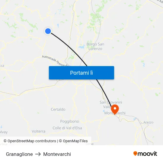 Granaglione to Montevarchi map