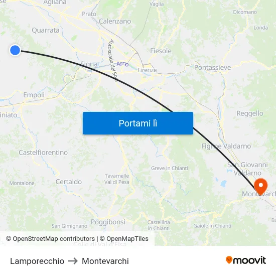 Lamporecchio to Montevarchi map