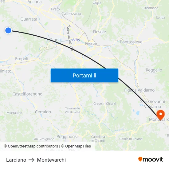 Larciano to Montevarchi map