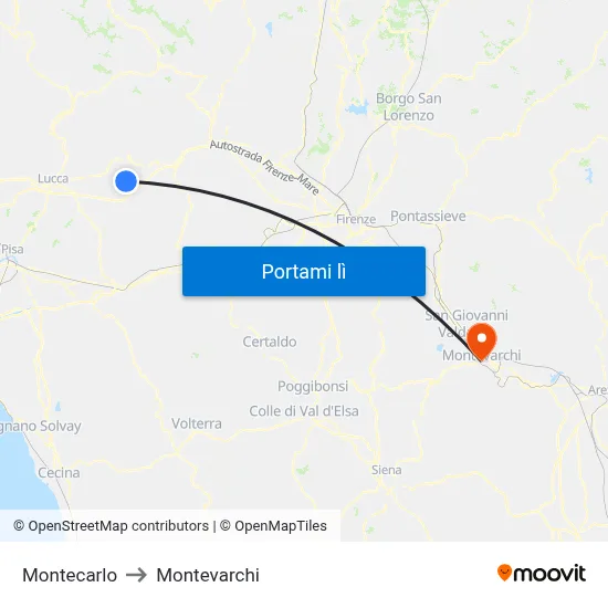 Montecarlo to Montevarchi map