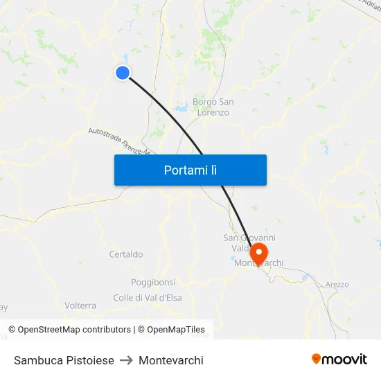 Sambuca Pistoiese to Montevarchi map