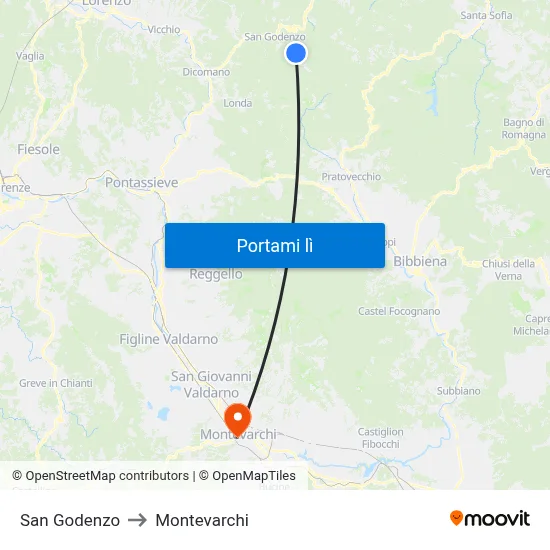 San Godenzo to Montevarchi map