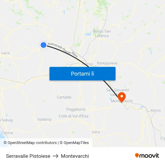 Serravalle Pistoiese to Montevarchi map