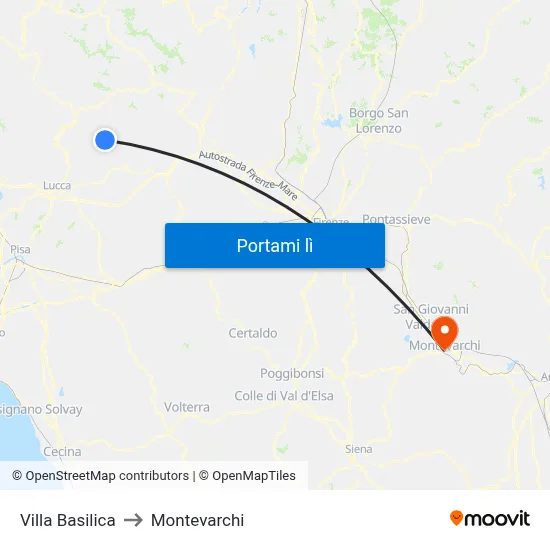 Villa Basilica to Montevarchi map