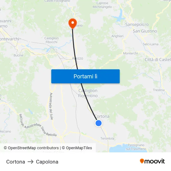 Cortona to Capolona map