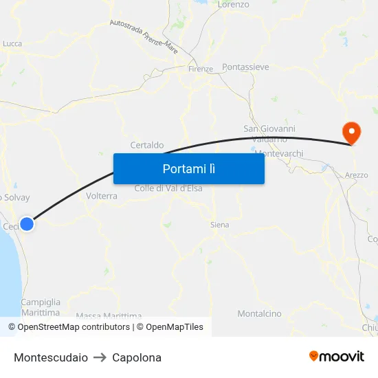 Montescudaio to Capolona map