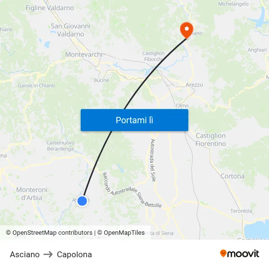 Asciano to Capolona map